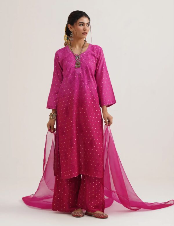 Premium Bindi Chanderi 3 Piece Set with Organza Dupatta