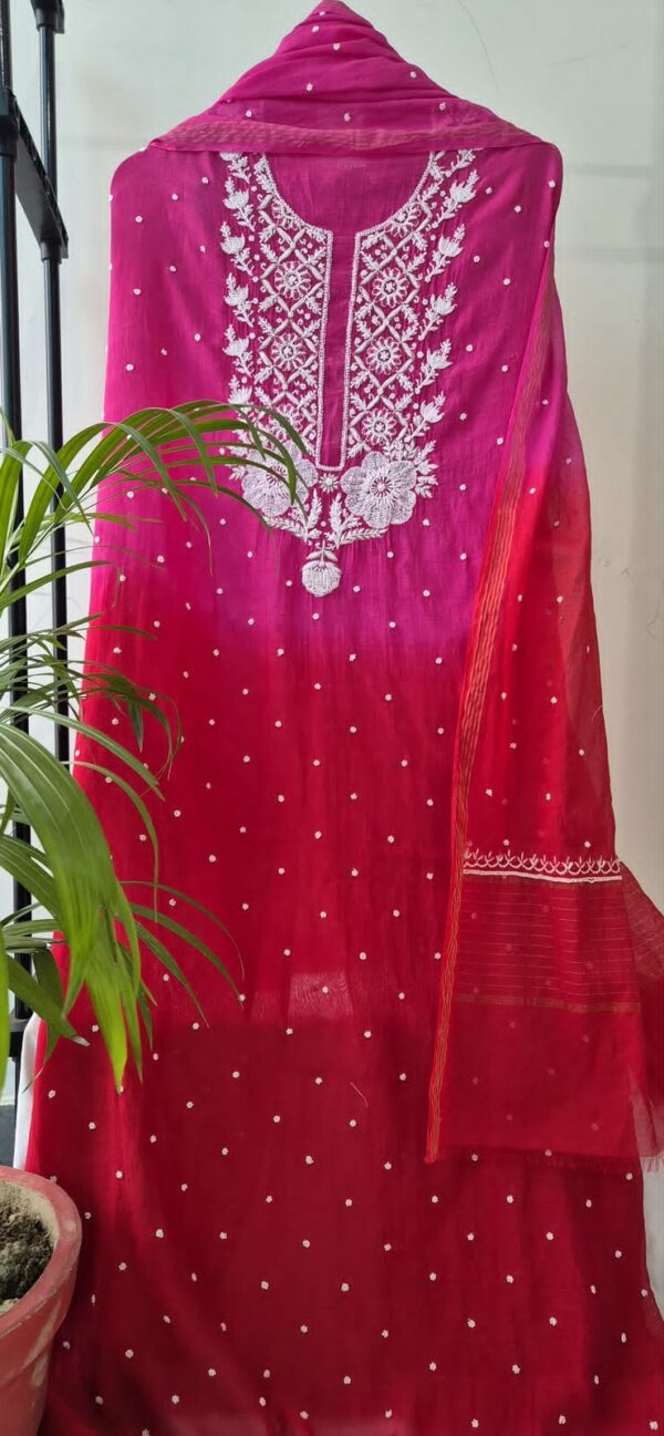 Mulmul Chanderi Suit with Pearl and Cutdana Work – Rani Pink Red Ombre