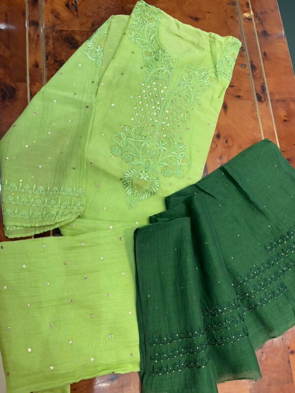 Party Wear Mul Chanderi Set with Mukaish Work – Pista Green