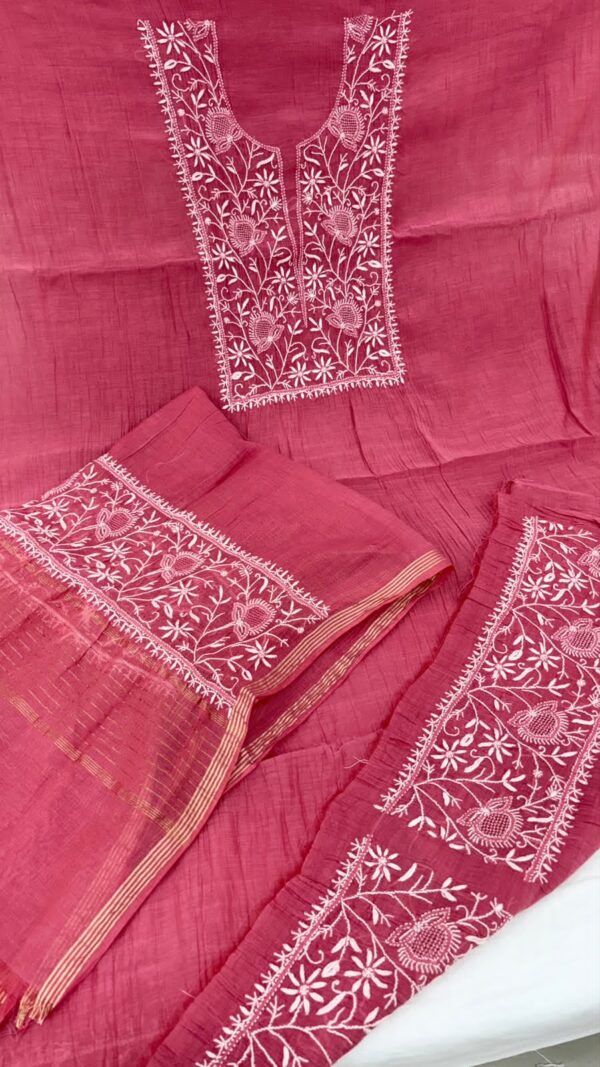 Mal Mal Chanderi Chikankari Suit – Coral