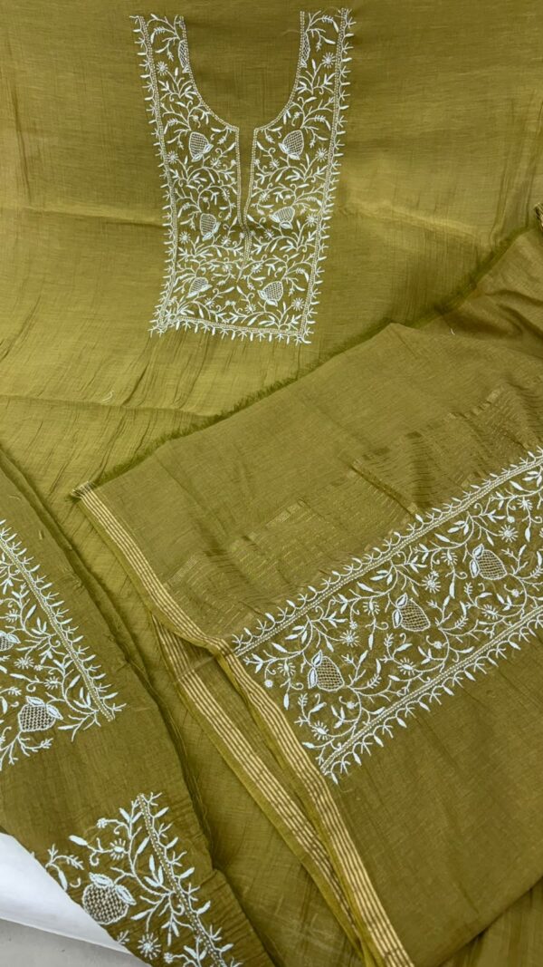 Mal Mal Chanderi Chikankari Suit – Olive Green