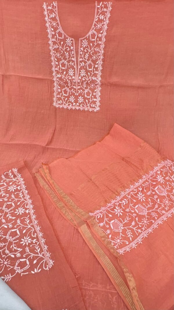 Mal Mal Chanderi Chikankari Suit – peach