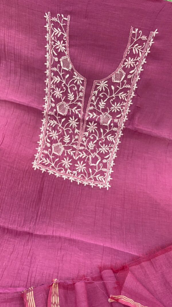 Mal Mal Chanderi Chikankari Suit – Rani Pink