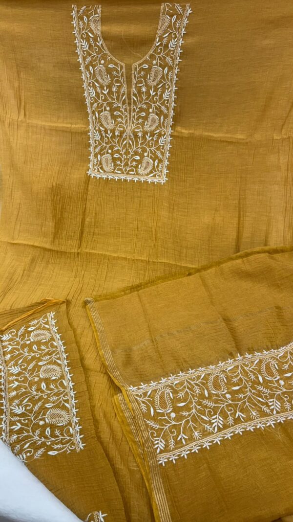 Mal Mal Chanderi Chikankari Suit – Mustard