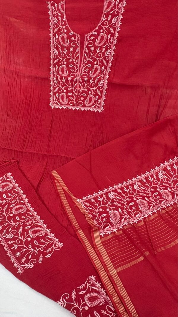 Mal Mal Chanderi Chikankari Suit – Red