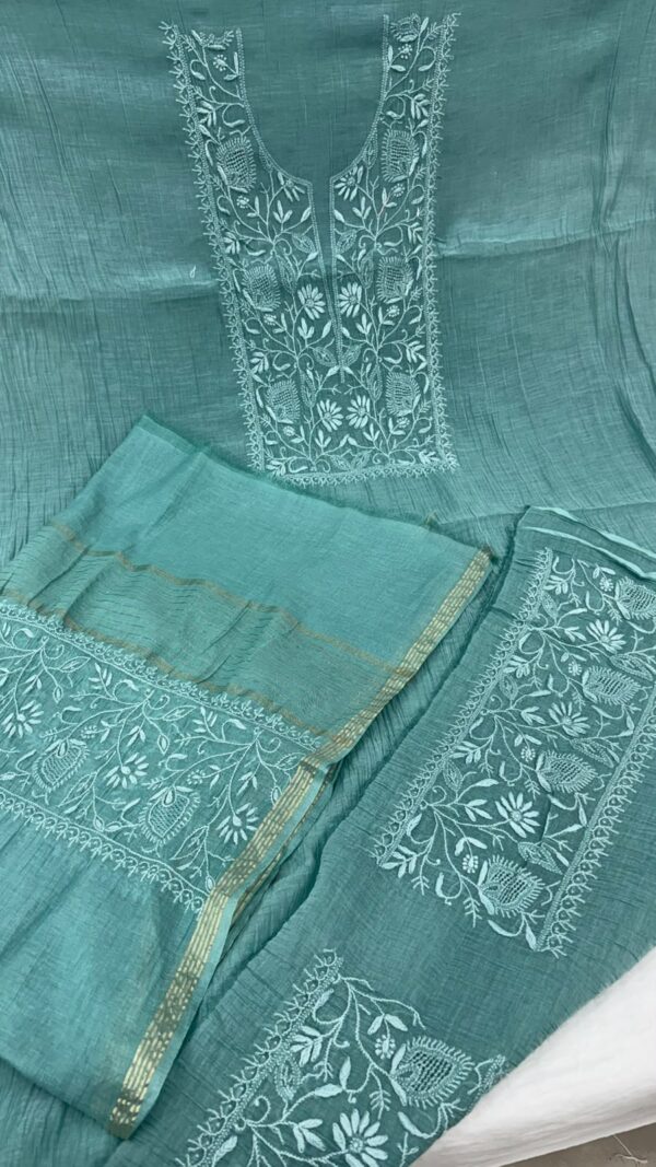 Mal Mal Chanderi Chikankari Suit – Sea Green