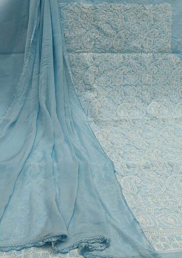 Cotton Chikankari Unstitched Suit with Chiffon Dupatta – sky blue