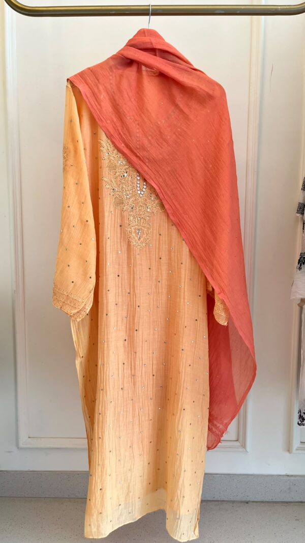 Party Wear Mul Chanderi Set with Mukaish Work – peach