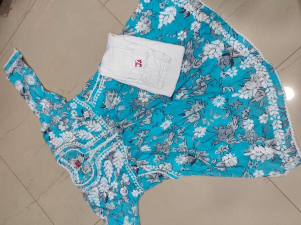 Kids Mulmul Printed Frock with Lycra Pants – sky blue