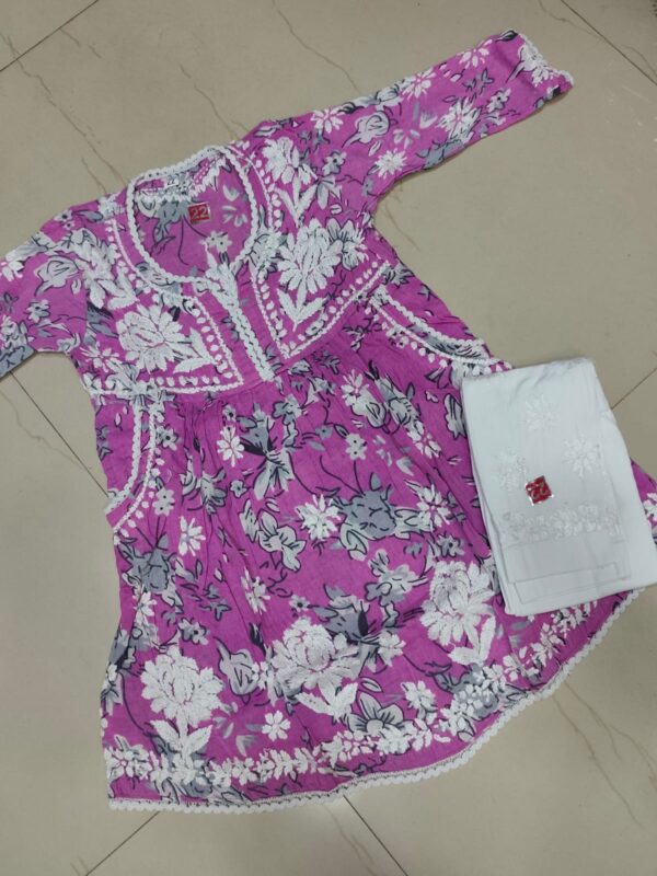 Kids Mulmul Printed Frock with Lycra Pants – purple