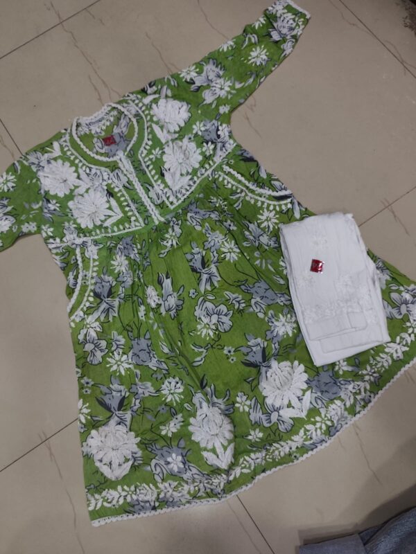 Kids Mulmul Printed Frock with Lycra Pants – Green