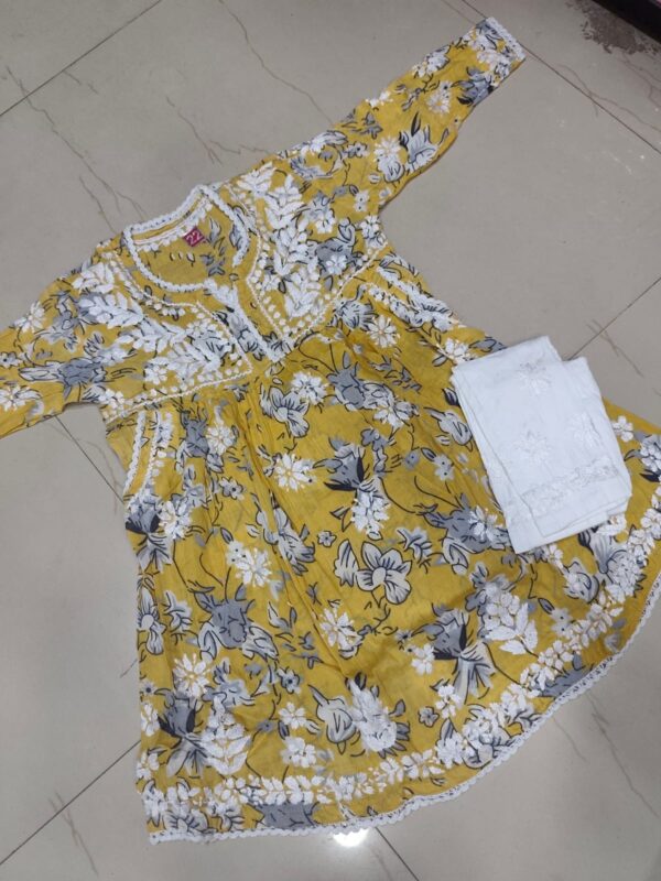 Kids Mulmul Printed Frock with Lycra Pants – Mustard