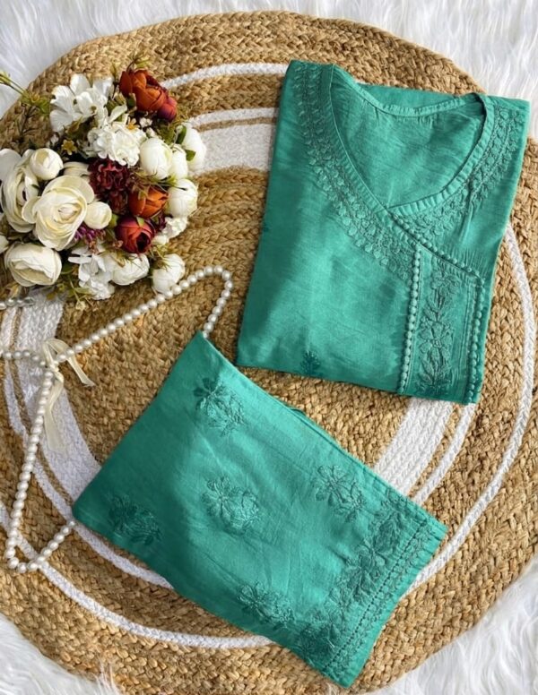 Chanderi Angarkha Kurti with Lace Pants – Sea Green