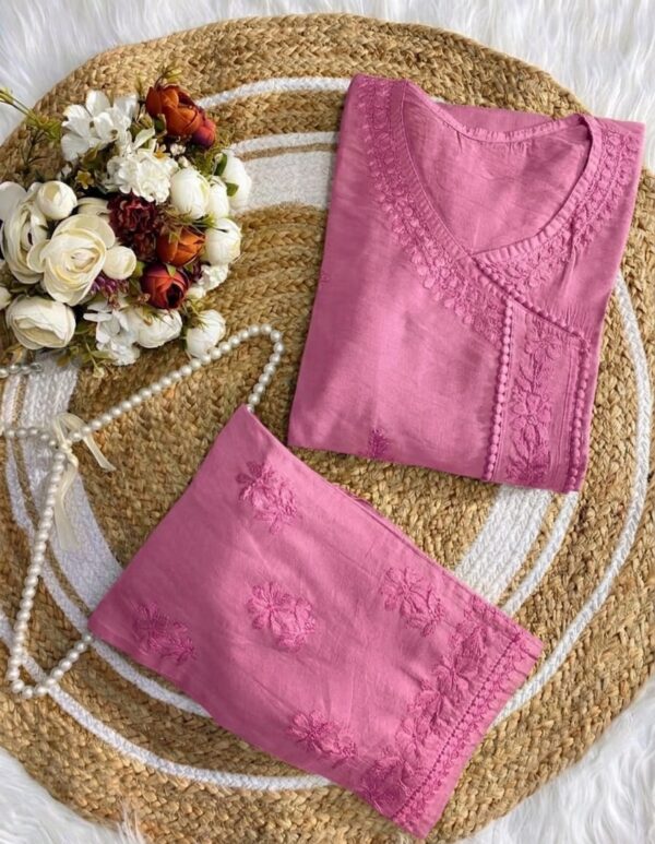 Chanderi Angarkha Kurti with Lace Pants – pink