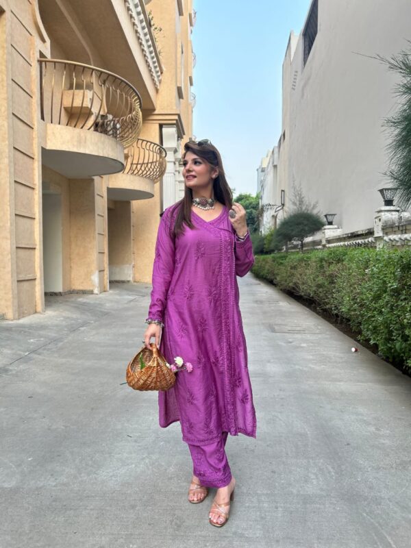 Chanderi Angarkha Kurti with Lace Pants – Magenta