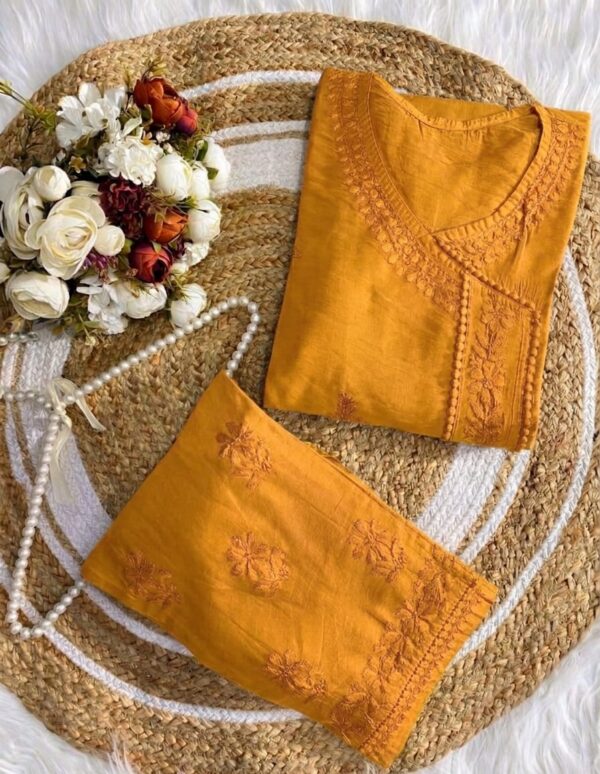 Chanderi Angarkha Kurti with Lace Pants – Mustard