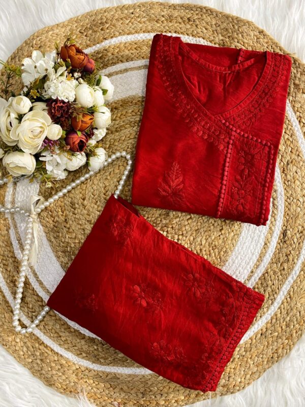 Chanderi Angarkha Kurti with Lace Pants – Red