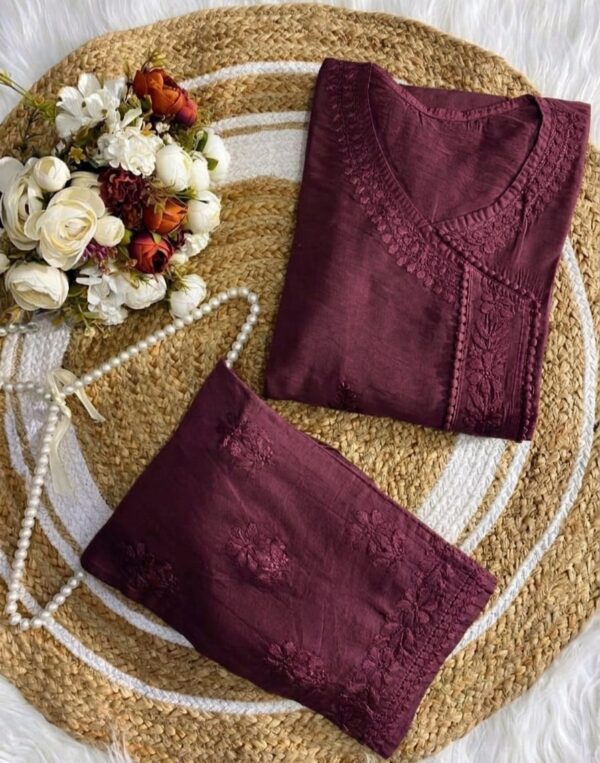 Chanderi Angarkha Kurti with Lace Pants – Wine