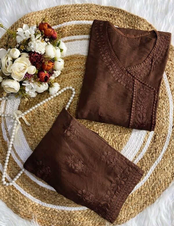 Chanderi Angarkha Kurti with Lace Pants – brown