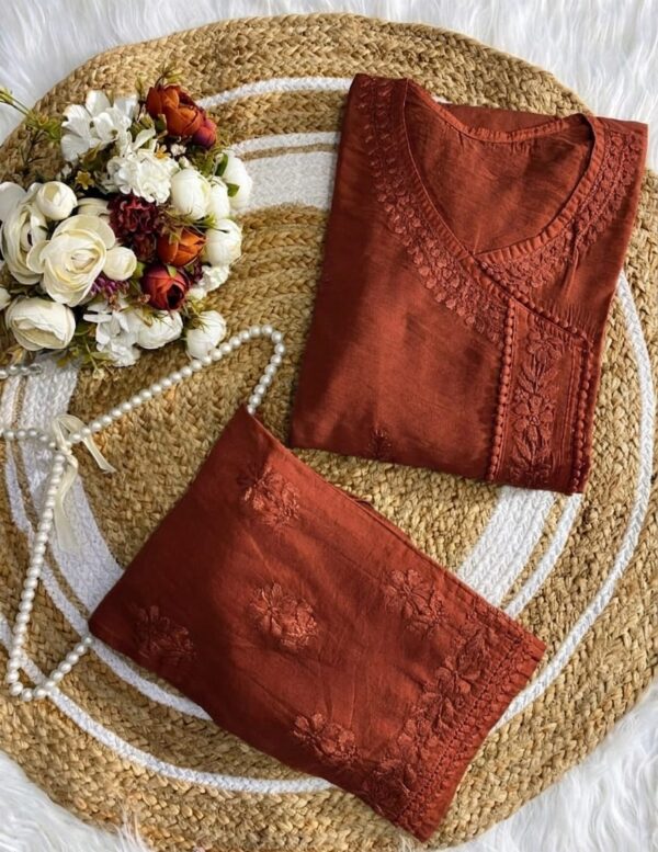 Chanderi Angarkha Kurti with Lace Pants – Rust