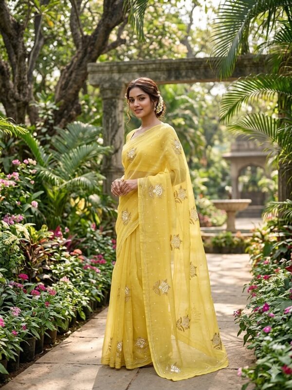 Viscose Organza Saree with Aari Zardozi Work – Yellow