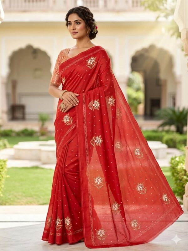 Viscose Organza Saree with Aari Zardozi Work – Red