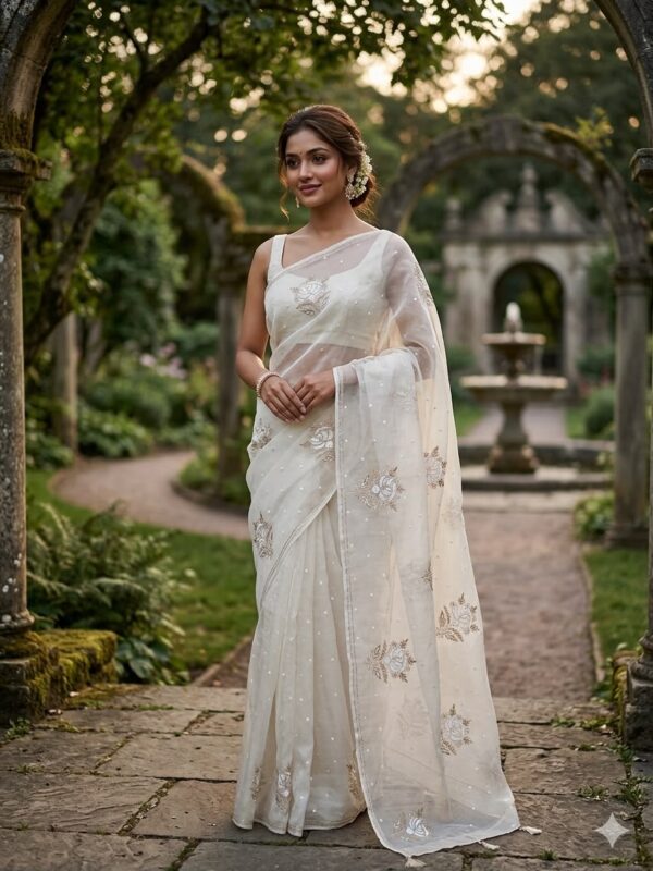Viscose Organza Saree with Aari Zardozi Work – White
