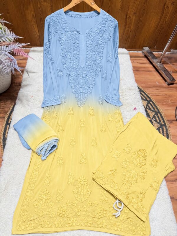 Modal Chikankari Plazo Set with Dupatta – Sky Blue Yellow Ombre