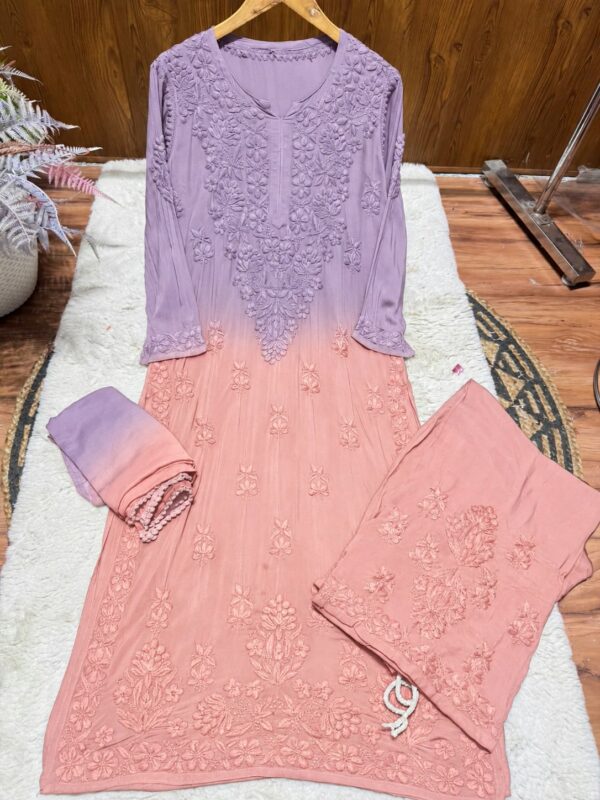 Modal Chikankari Plazo Set with Dupatta – Lavender Peach Ombre