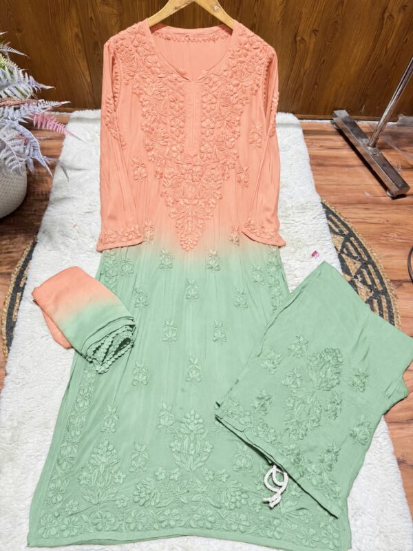 Modal Chikankari Plazo Set with Dupatta – Peach Mint Ombre