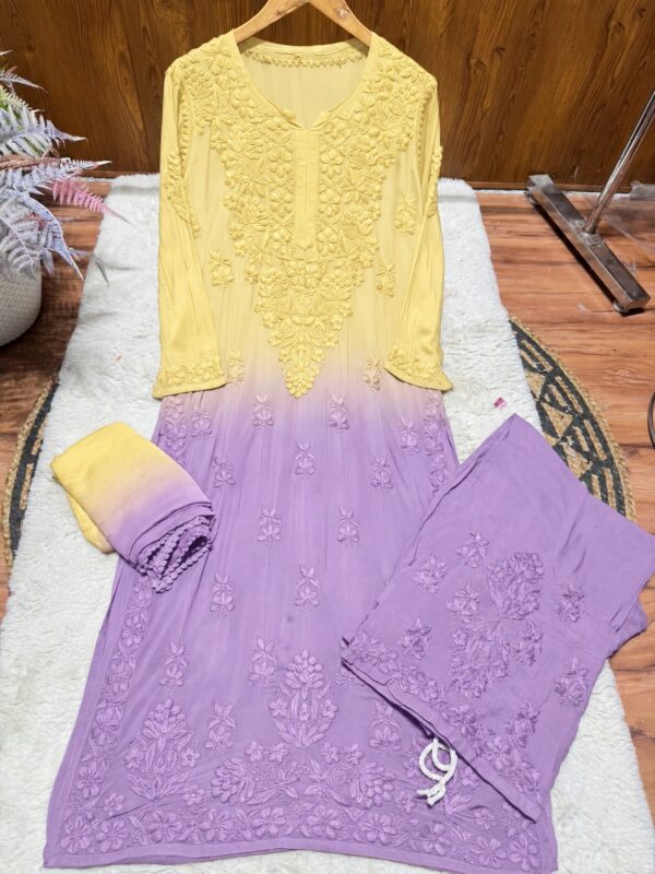 Modal Chikankari Plazo Set with Dupatta – Yellow Lavender Ombre