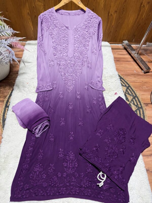 Modal Chikankari Plazo Set with Dupatta – Lavender Purple Ombre