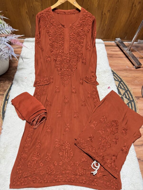 Modal Chikankari Plazo Set with Dupatta – Rust