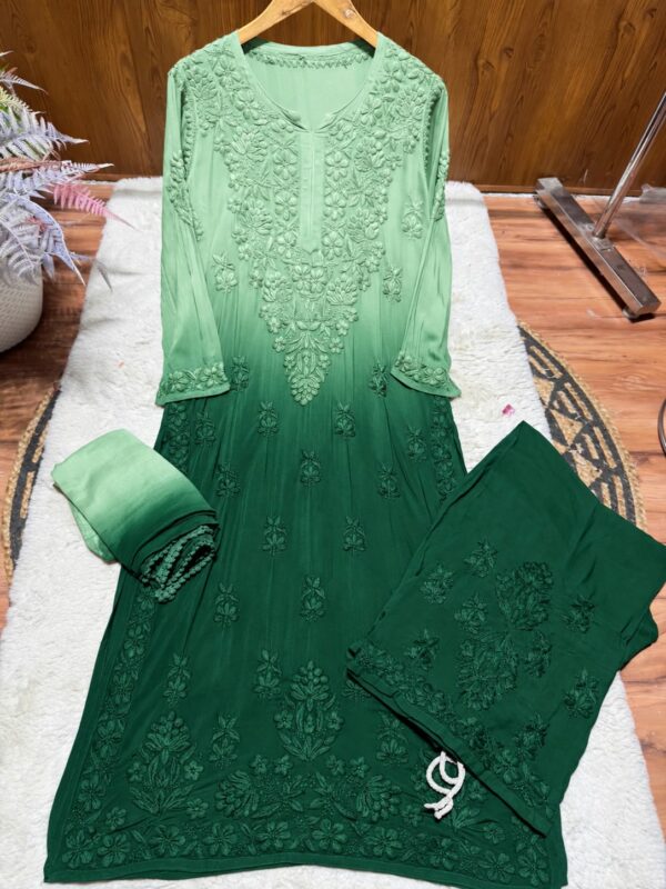 Modal Chikankari Plazo Set with Dupatta – Mint Bottle Green Ombre