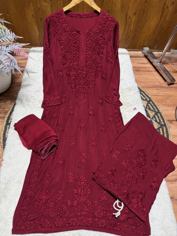 Modal Chikankari Plazo Set with Dupatta – maroon