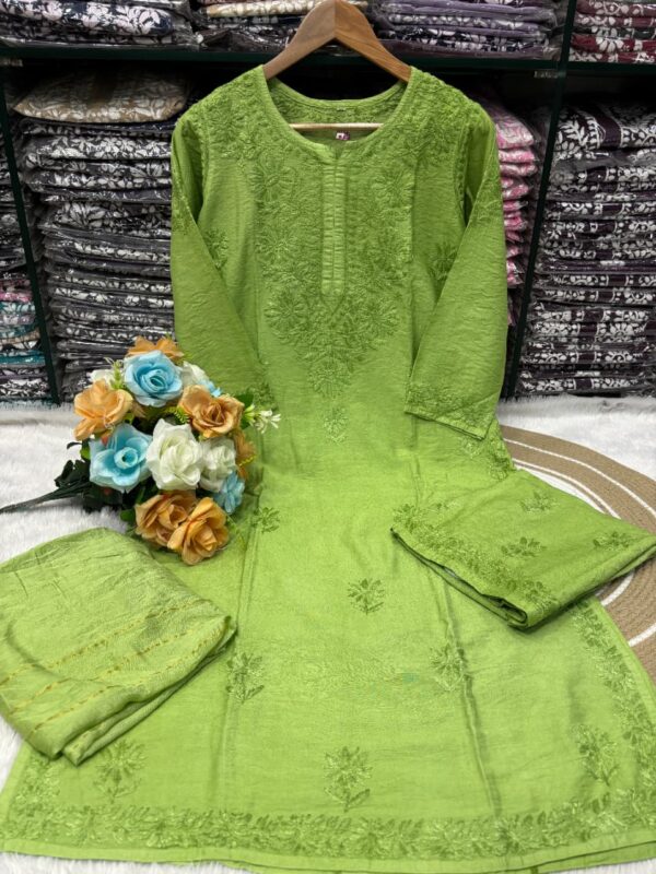 Lucknowi Chikankari Chanderi 3 Piece Set – Parrot Green