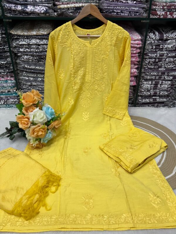Lucknowi Chikankari Chanderi 3 Piece Set – Yellow