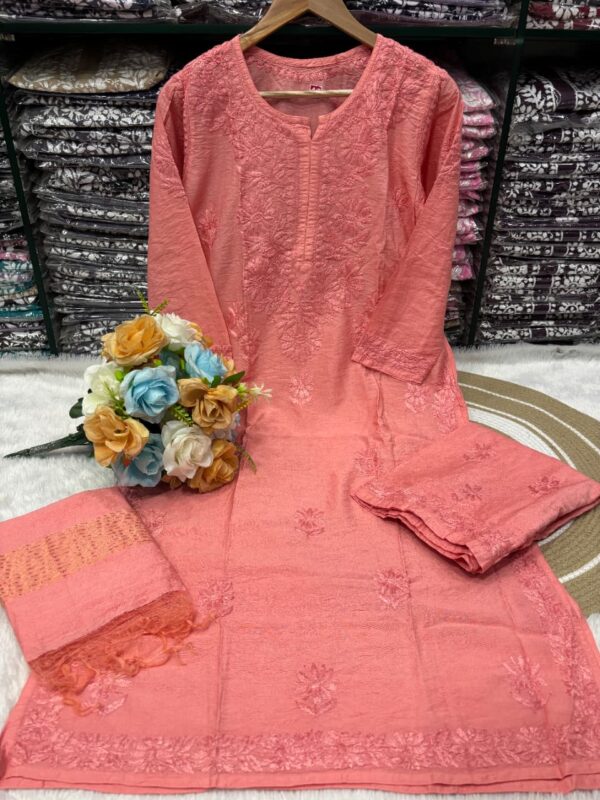 Lucknowi Chikankari Chanderi 3 Piece Set – peach
