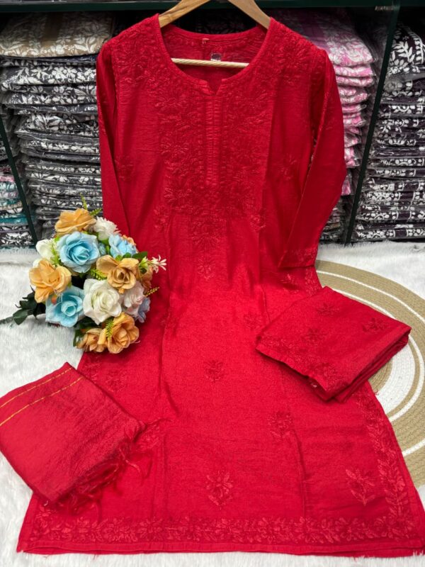 Lucknowi Chikankari Chanderi 3 Piece Set – Red