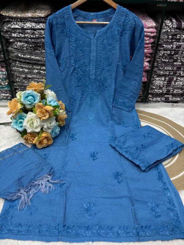 Lucknowi Chikankari Chanderi 3 Piece Set – Blue