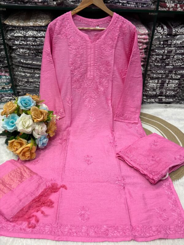 Lucknowi Chikankari Chanderi 3 Piece Set – pink